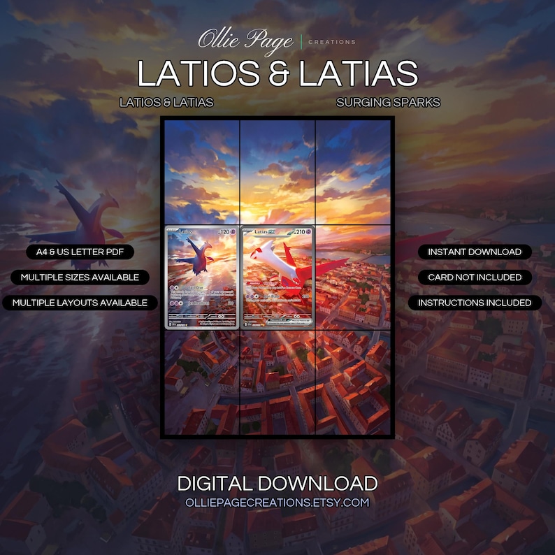 Latios & Latias extended art binder page in a Dramatic golden sunset illuminates a coastal city with terracotta roofs