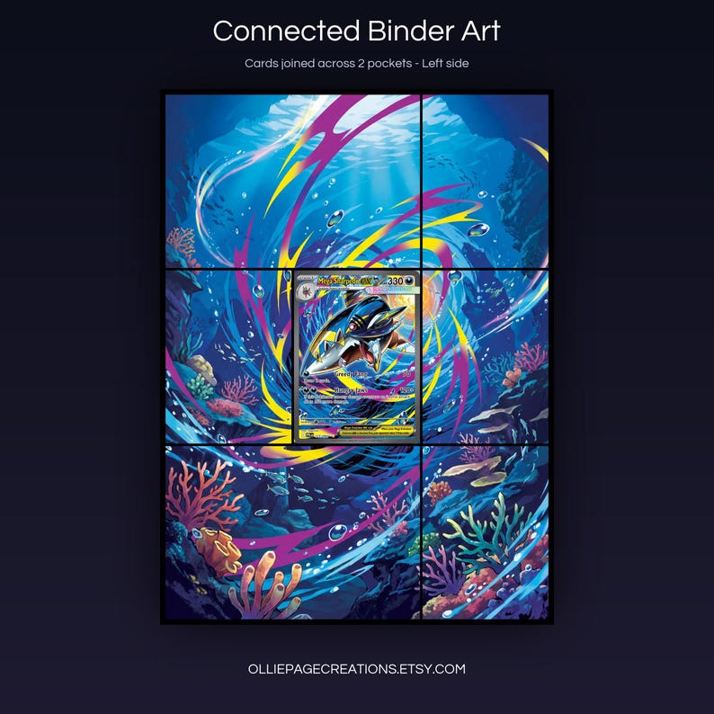 Mega Sharpedo EX 127/094 connected binder art joining across two pockets, left side, printable extended card display for 9-pocket binders