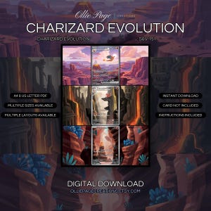 Charizard Evolution 199 + 168 + 169 extended art binder page in a Dramatic desert canyon landscape with glowing volcanic terrain, purple-pink sky, layered rock formations, and golden lava streams creating an ethereal, otherworldly atmosphere., printable 9-pocket TCG display insert by Ollie Page Creations