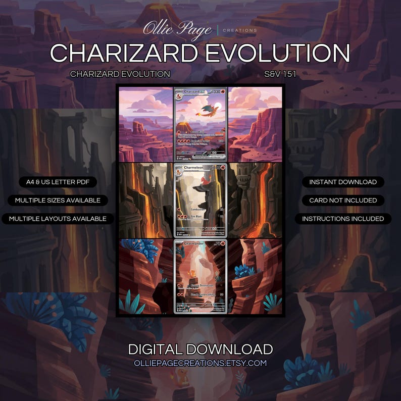 Charizard Evolution 199 + 168 + 169 extended art binder page in a Dramatic desert canyon landscape with glowing volcanic terrain, purple-pink sky, layered rock formations, and golden lava streams creating an ethereal, otherworldly atmosphere., printable 9-pocket TCG display insert by Ollie Page Creations