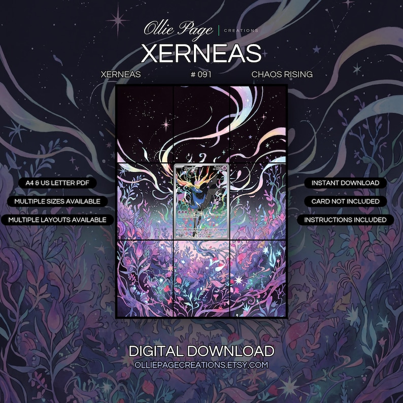 Xerneas 091/086 extended art binder page in a Vibrant cosmic garden with bioluminescent flora
