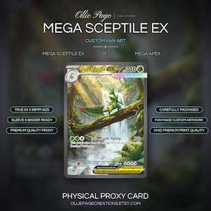 Puede incluir: Una carta coleccionable personalizada de Mega Sceptile EX con una criatura verde sobre una rama de árbol encima de una cascada. La carta muestra 340 HP, el ataque Tail Missile Volley y texto que incluye Mega Sceptile EX, 007 y Mega Apex. Mide 63 x 88 mm.
