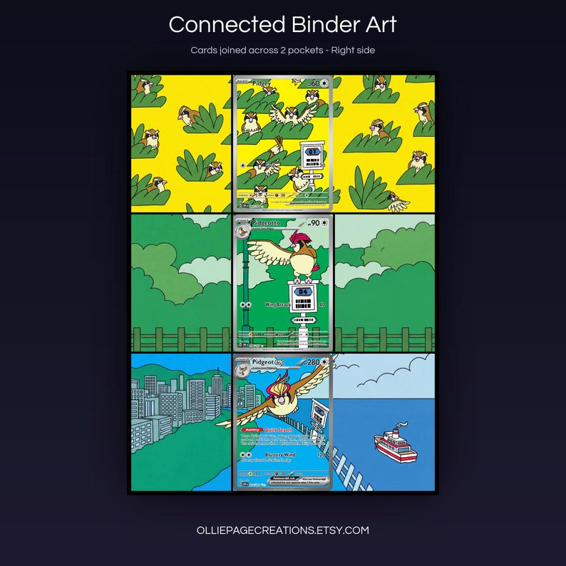 Pidgeot Evolution 207 + 208 + 225 connected binder art joining across two pockets, right side, printable extended card display for 9-pocket binders