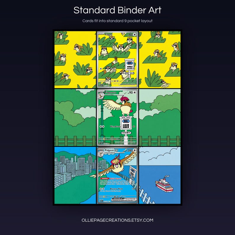 Pidgeot Evolution 207 + 208 + 225 extended art 3x3 grid layout, full 9-pocket binder page display printable, Obsidian Flames collector insert