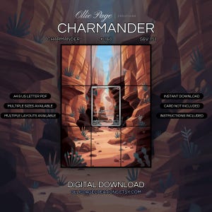 Charmander 168/165 extended art binder page in a Dramatic desert canyon with warm terracotta rock formations, golden sunlight, blue desert plants, sandy floor, and bright sky framed between towering cliffs., printable 9-pocket TCG display insert by Ollie Page Creations