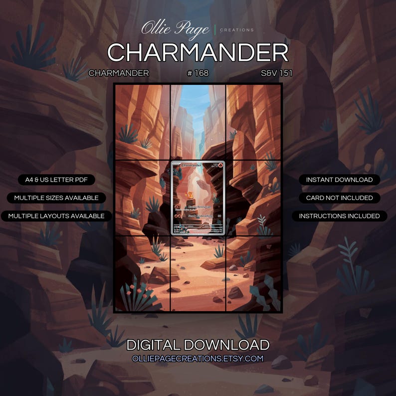 Charmander 168/165 extended art binder page in a Dramatic desert canyon with warm terracotta rock formations, golden sunlight, blue desert plants, sandy floor, and bright sky framed between towering cliffs., printable 9-pocket TCG display insert by Ollie Page Creations