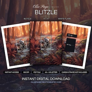 Blitzle 114/086 collector bundle — extended binder page plus 8x10 full-art and PSA framed prints in a Warm autumn forest scene with glowing golden sunlight filtering through tall trees, mossy rocks, and a flowing stream surrounded by orange foliage., printable digital download by Ollie Page Creations
