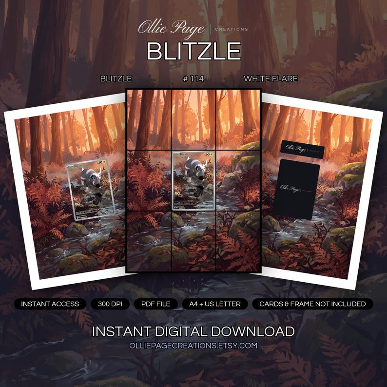 Blitzle 114/086 collector bundle — extended binder page plus 8x10 full-art and PSA framed prints in a Warm autumn forest scene with glowing golden sunlight filtering through tall trees, mossy rocks, and a flowing stream surrounded by orange foliage., printable digital download by Ollie Page Creations