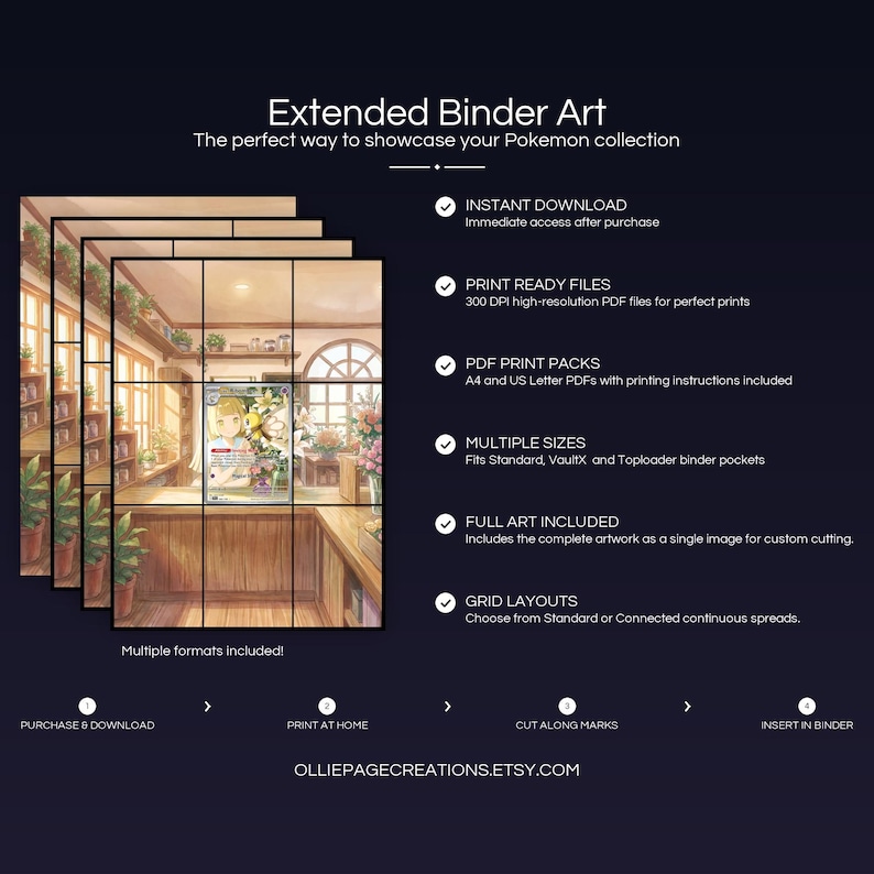 Product feature overview for Lillie's Ribombee extended binder art — 300 DPI print-ready files, multiple sizes and grid layouts, instant digital download