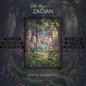 Zacian 100/094 extended art binder page in a Enchanted forest canopy with vibrant pink and purple flowers, towering trees, dappled golden sunlight, lush green undergrowth, and mystical atmospheric woodland setting., printable 9-pocket TCG display ins