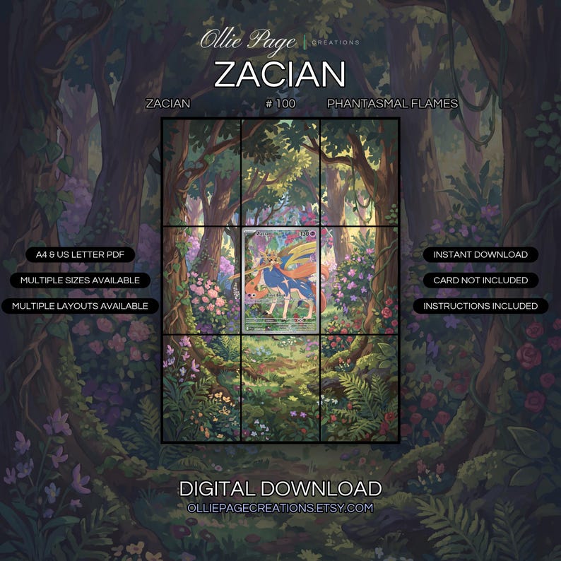 Zacian 100/094 extended art binder page in a Enchanted forest canopy with vibrant pink and purple flowers, towering trees, dappled golden sunlight, lush green undergrowth, and mystical atmospheric woodland setting., printable 9-pocket TCG display ins