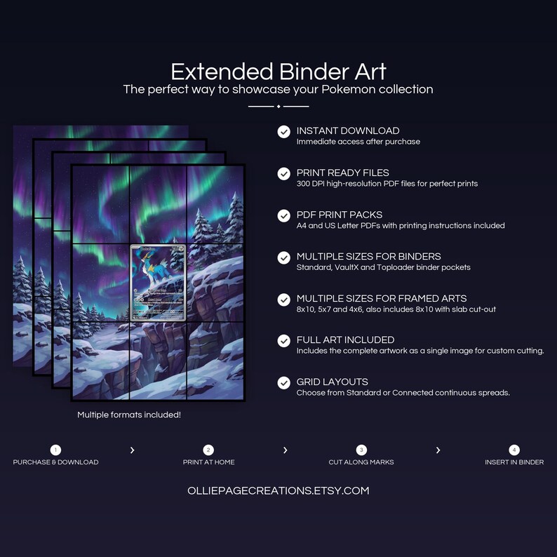 Collector bundle feature overview for Cobalion extended binder art — binder page grids plus 8x10, 5x7, 4x6 and PSA-style framed prints, 300 DPI instant digital download