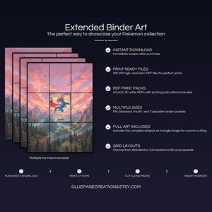 Product feature overview for Salamence EX extended binder art — 300 DPI print-ready files, multiple sizes and grid layouts, instant digital download