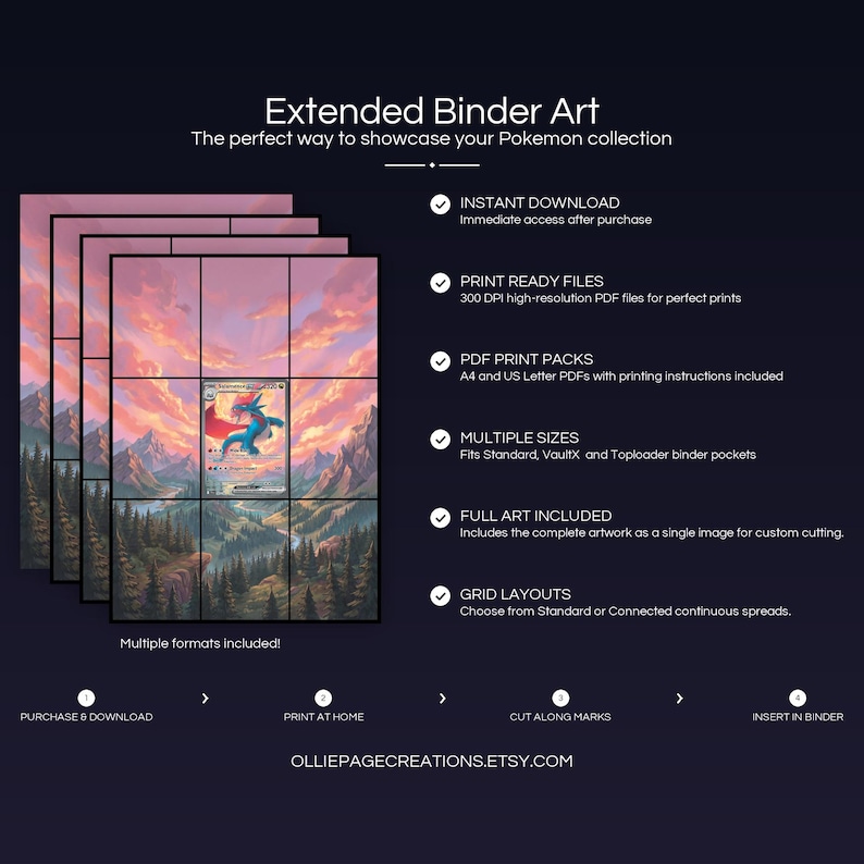Product feature overview for Salamence EX extended binder art — 300 DPI print-ready files, multiple sizes and grid layouts, instant digital download