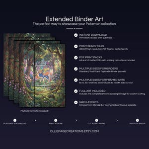 Collector bundle feature overview for Zacian extended binder art — binder page grids plus 8x10, 5x7, 4x6 and PSA-style framed prints, 300 DPI instant digital download