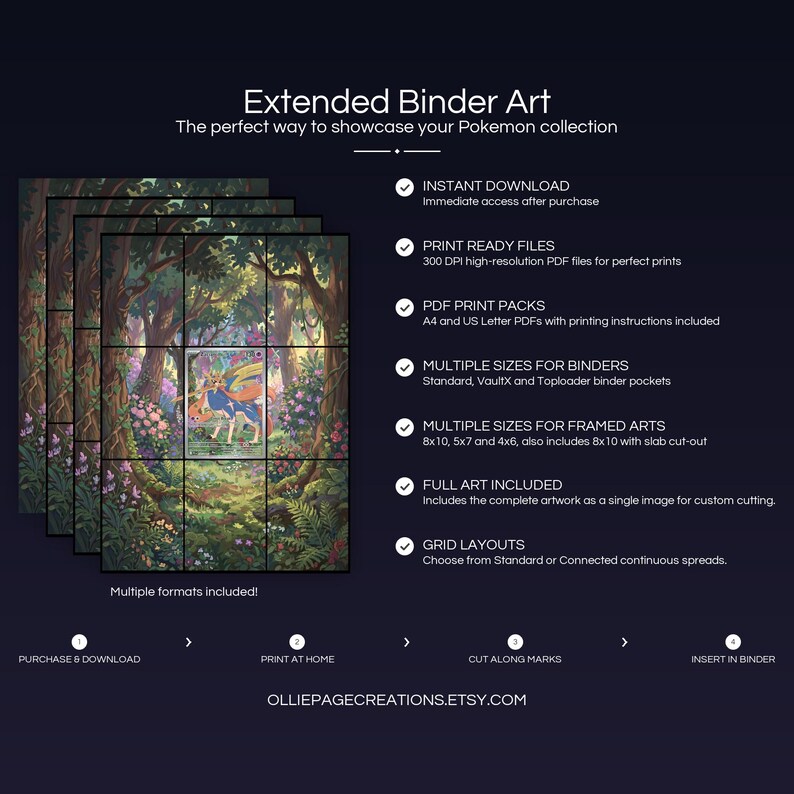 Collector bundle feature overview for Zacian extended binder art — binder page grids plus 8x10, 5x7, 4x6 and PSA-style framed prints, 300 DPI instant digital download