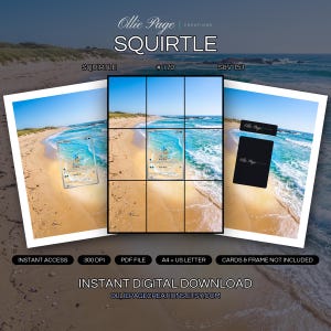 Squirtle 170/165 collector bundle — extended binder page plus 8x10 full-art and PSA framed prints in a Pristine sandy beach with turquoise waves, golden sand, grass-covered dunes, clear blue sky, and rocky coastline under bright natural daylight., printable digital download by Ollie Page Creations