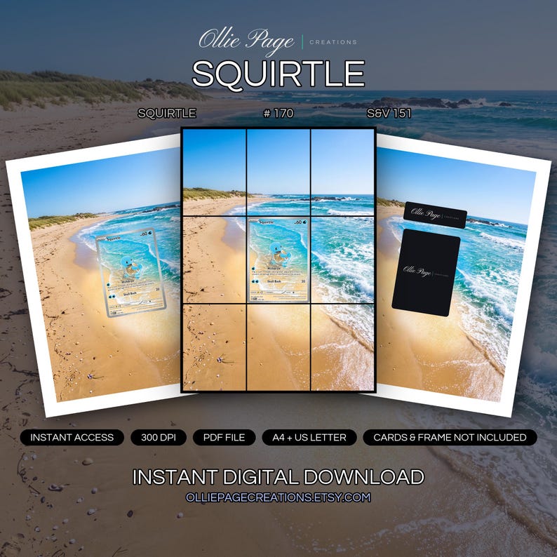 Squirtle 170/165 collector bundle — extended binder page plus 8x10 full-art and PSA framed prints in a Pristine sandy beach with turquoise waves, golden sand, grass-covered dunes, clear blue sky, and rocky coastline under bright natural daylight., printable digital download by Ollie Page Creations