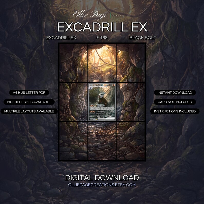 Excadrill EX 168/086 extended art binder page in a Atmospheric cave interior with golden sunlight filtering through twisted vines and moss-covered stone walls, rocky ground, warm amber glow, mystical forest tunnel setting., printable 9-pocket TCG dis