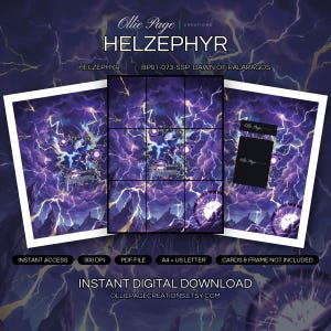 Helzephyr BP01-073-SSP collector bundle — extended binder page plus 8x10 full-art and PSA framed prints in a Dramatic purple and gold lightning storm with glowing ethereal energy, mountainous terrain, intense atmospheric electrical weather phenomenon., printable digital download by Ollie Page Creations