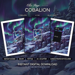 Cobalion 144/086 collector bundle — extended binder page plus 8x10 full-art and PSA framed prints in a Dramatic arctic landscape with snow-covered evergreen trees, rocky cliffs, and vibrant aurora borealis dancing across a starlit purple night sky.,