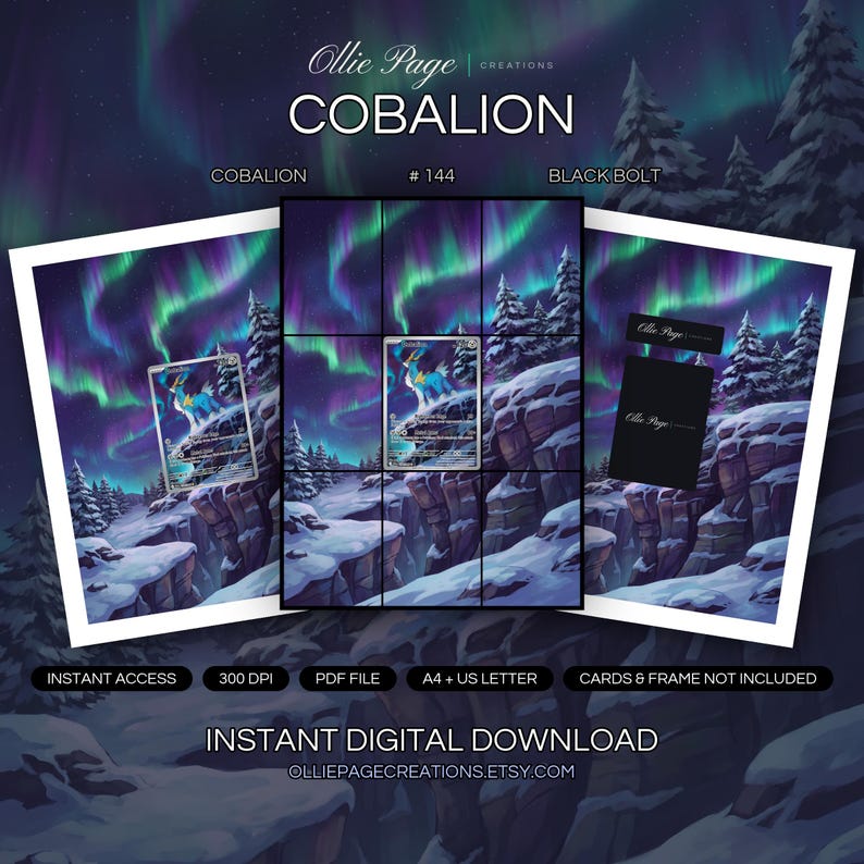 Cobalion 144/086 collector bundle — extended binder page plus 8x10 full-art and PSA framed prints in a Dramatic arctic landscape with snow-covered evergreen trees, rocky cliffs, and vibrant aurora borealis dancing across a starlit purple night sky.,