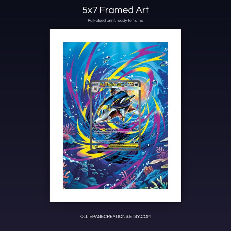 Mega Sharpedo EX 127/094 5x7 full-bleed framed art print, ready to frame, Phantasmal Flames