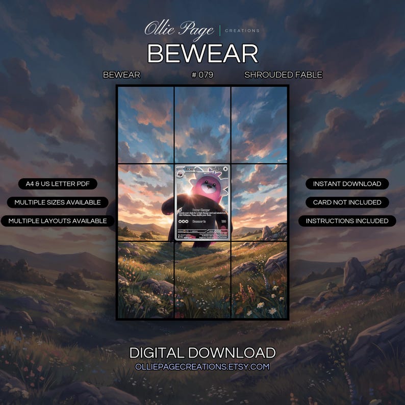 Bewear 079/064 extended art binder page in a Dramatic sunset landscape with golden light, rolling hills, wildflower meadow, scattered rocks, and majestic clouds in vibrant blue and orange sky., printable 9-pocket TCG display insert by Ollie Page Creations