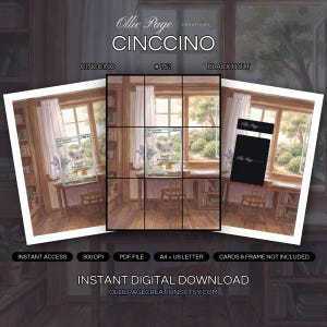 Cinccino 153/086 collector bundle — extended binder page plus 8x10 full-art and PSA framed prints in a Warm, sunlit study room with wooden furniture, white curtains, purple flowers in a vase, stacked books, and a garden view through large windows., printable digital download by Ollie Page Creations