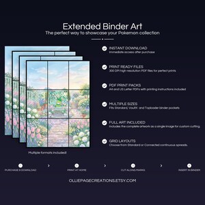 Product feature overview for Petili extended binder art — 300 DPI print-ready files, multiple sizes and grid layouts, instant digital download