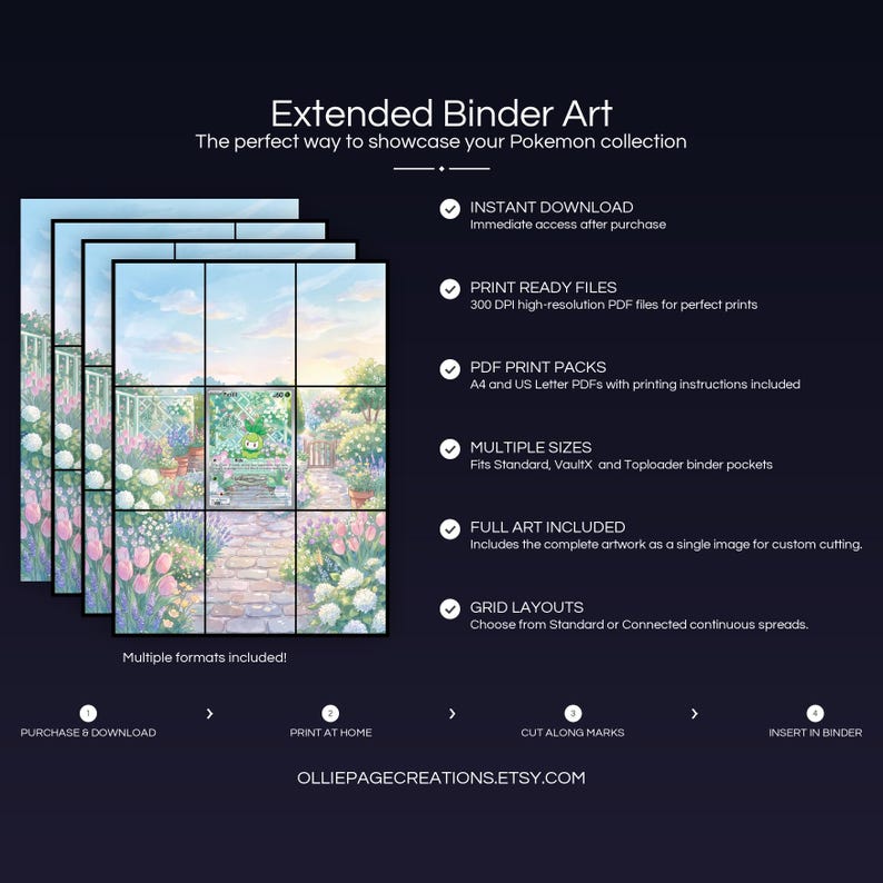 Product feature overview for Petili extended binder art — 300 DPI print-ready files, multiple sizes and grid layouts, instant digital download