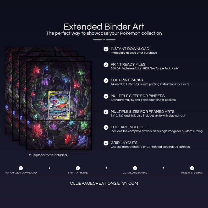 Collector bundle feature overview for Mega Sableye & Tyranitar GX extended binder art — binder page grids plus 8x10, 5x7, 4x6 and PSA-style framed prints, 300 DPI instant digital download