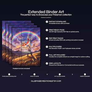 Product feature overview for Ethan's Ho-Oh EX extended binder art — 300 DPI print-ready files, multiple sizes and grid layouts, instant digital download