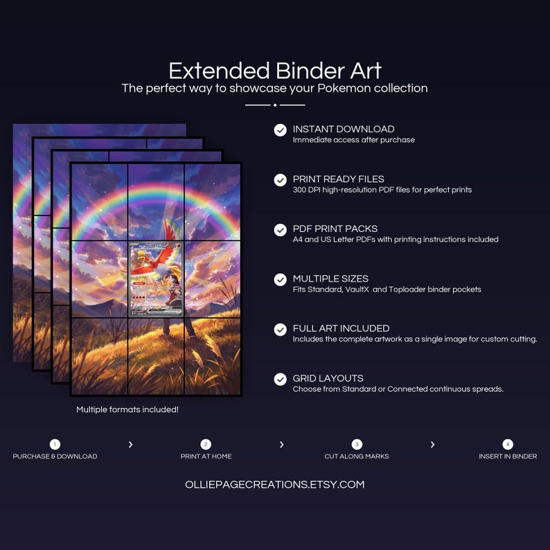 Product feature overview for Ethan's Ho-Oh EX extended binder art — 300 DPI print-ready files, multiple sizes and grid layouts, instant digital download