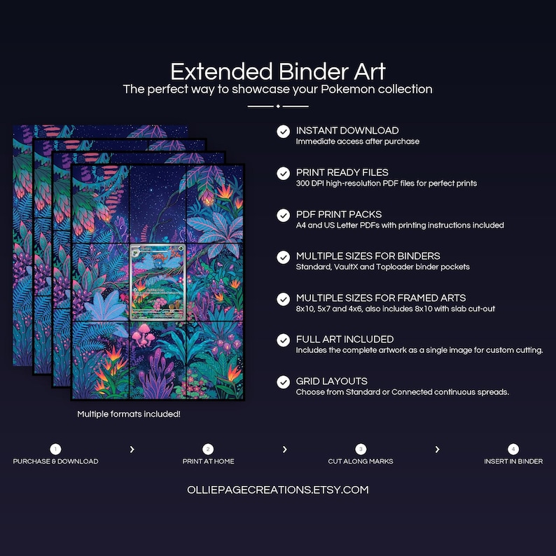 Collector bundle feature overview for Gloom extended binder art — binder page grids plus 8x10, 5x7, 4x6 and PSA-style framed prints, 300 DPI instant digital download