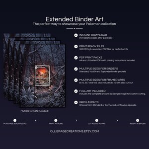 Collector bundle feature overview for Volcarona extended binder art — binder page grids plus 8x10, 5x7, 4x6 and PSA-style framed prints, 300 DPI instant digital download