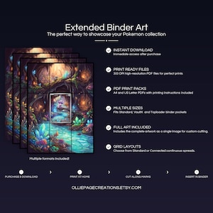 Product feature overview for Noibat extended binder art — 300 DPI print-ready files, multiple sizes and grid layouts, instant digital download