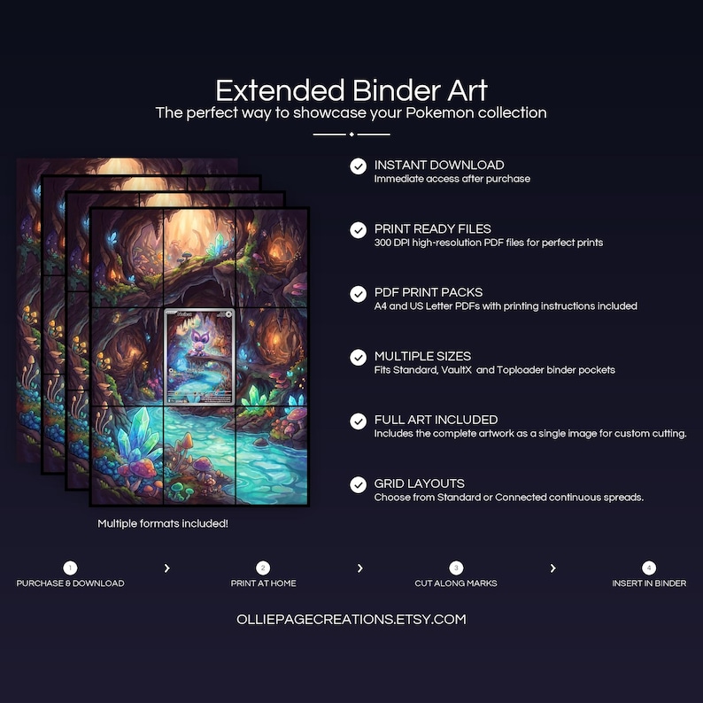 Product feature overview for Noibat extended binder art — 300 DPI print-ready files, multiple sizes and grid layouts, instant digital download