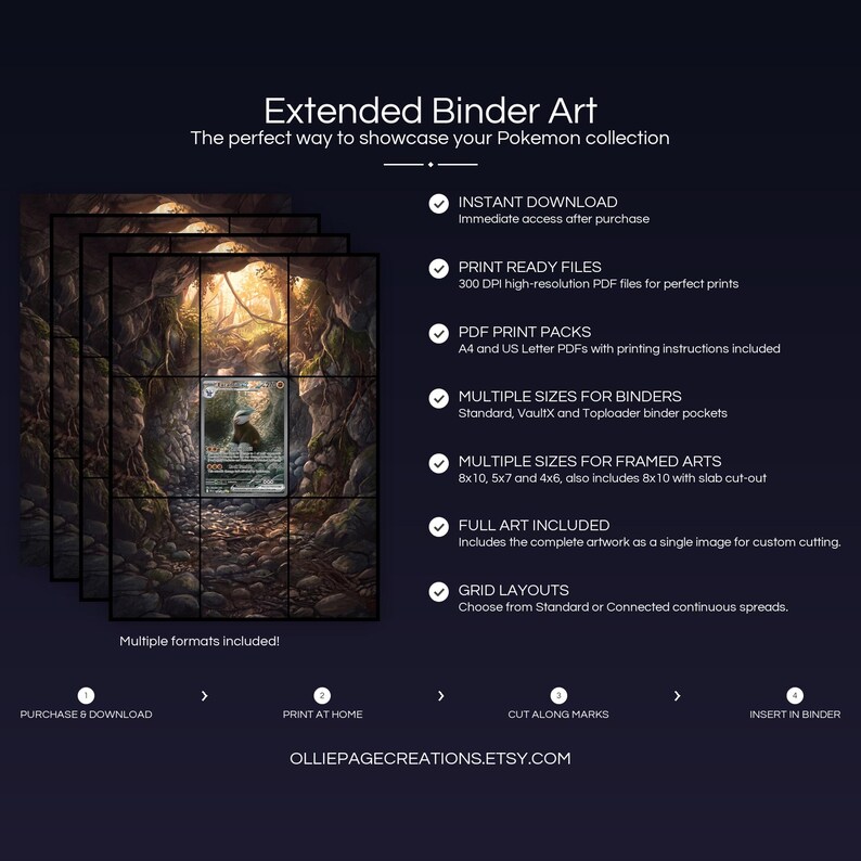 Collector bundle feature overview for Excadrill EX extended binder art — binder page grids plus 8x10, 5x7, 4x6 and PSA-style framed prints, 300 DPI instant digital download