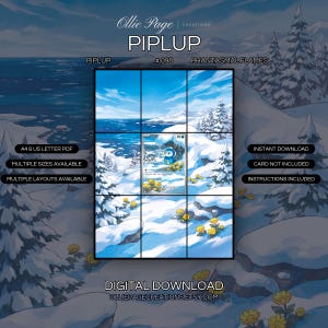 Piplup 098/094 extended art binder page in a Serene snowy mountain landscape with frost-covered evergreen trees, golden flowers, sparkling blue ocean, and bright blue sky with wispy clouds., printable 9-pocket TCG display insert by Ollie Page Creations