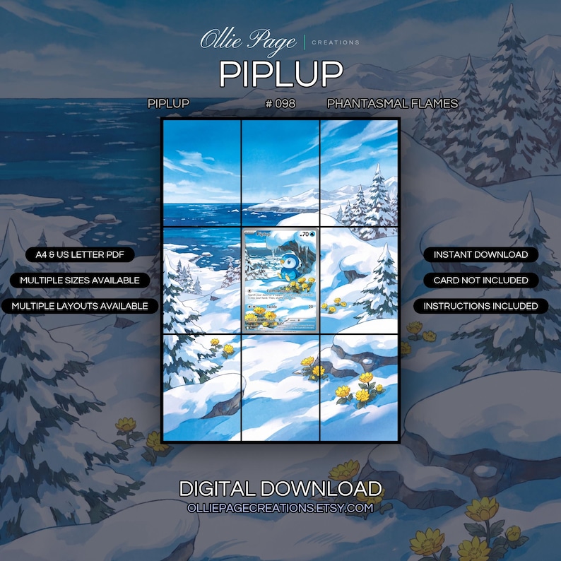 Piplup 098/094 extended art binder page in a Serene snowy mountain landscape with frost-covered evergreen trees, golden flowers, sparkling blue ocean, and bright blue sky with wispy clouds., printable 9-pocket TCG display insert by Ollie Page Creations