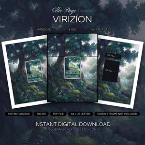 Virizion 095/086 collector bundle — extended binder page plus 8x10 full-art and PSA framed prints in a Atmospheric forest landscape with towering ancient tree, lush emerald foliage, dappled sunlight filtering through canopy, misty woodland backdrop,
