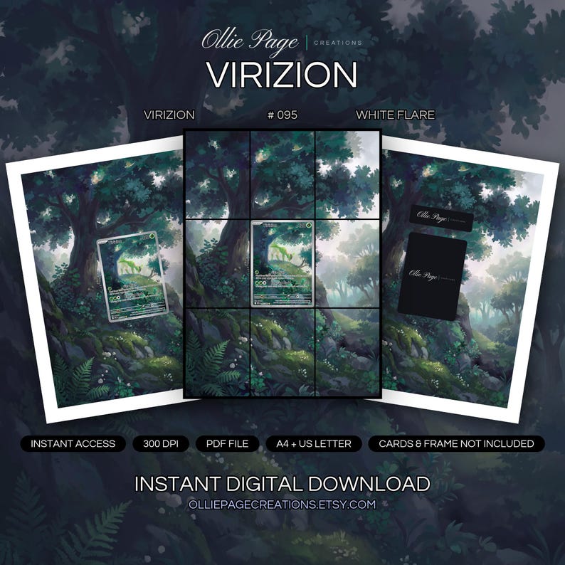 Virizion 095/086 collector bundle — extended binder page plus 8x10 full-art and PSA framed prints in a Atmospheric forest landscape with towering ancient tree, lush emerald foliage, dappled sunlight filtering through canopy, misty woodland backdrop,