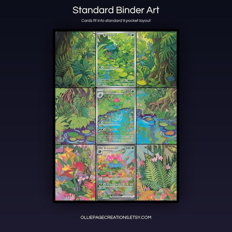 Venusaur Evolution 166 + 167 + 198 extended art 3x3 grid layout, full 9-pocket binder page display printable, S&V 151 collector insert