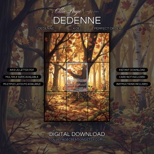 Dedenne 093/088 extended art binder page in a Warm autumn forest scene with golden sunlight filtering through dark tree trunks, vibrant orange and red foliage, fallen leaves, and lush undergrowth vegetation., printable 9-pocket TCG display insert by Ollie Page Creations