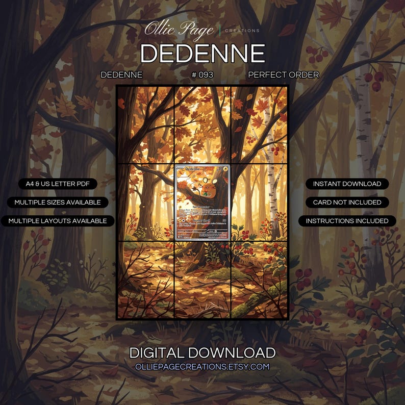 Dedenne 093/088 extended art binder page in a Warm autumn forest scene with golden sunlight filtering through dark tree trunks, vibrant orange and red foliage, fallen leaves, and lush undergrowth vegetation., printable 9-pocket TCG display insert by Ollie Page Creations