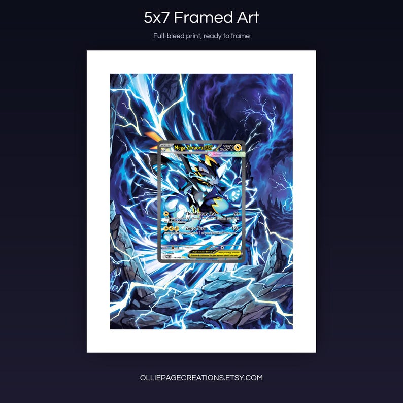 Mega Zeraora EX 114/084 5x7 full-bleed framed art print, ready to frame, Pitch Black