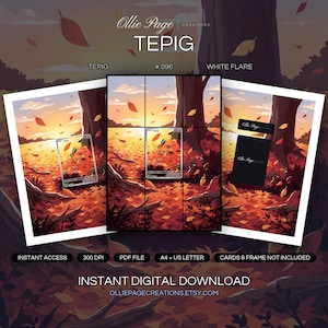Tepig 096/086 collector bundle — extended binder page plus 8x10 full-art and PSA framed prints in a Vibrant autumn forest scene with golden sunset lighting, falling leaves in warm orange and red tones, dramatic tree trunk, and ethereal sky with soft