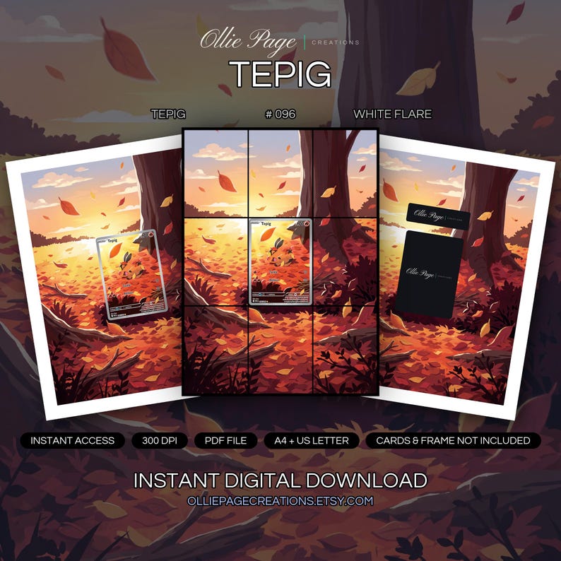 Tepig 096/086 collector bundle — extended binder page plus 8x10 full-art and PSA framed prints in a Vibrant autumn forest scene with golden sunset lighting, falling leaves in warm orange and red tones, dramatic tree trunk, and ethereal sky with soft