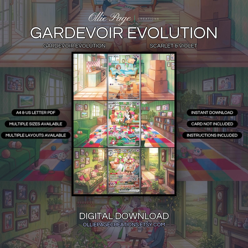 Gardevoir Evolution 211 + 212 + 245 extended art binder page in a Vibrant anime-style home interiors featuring warm wooden floors, sage green wallpaper, cozy furniture, natural window lighting, and colorful decorative elements throughout multiple roo